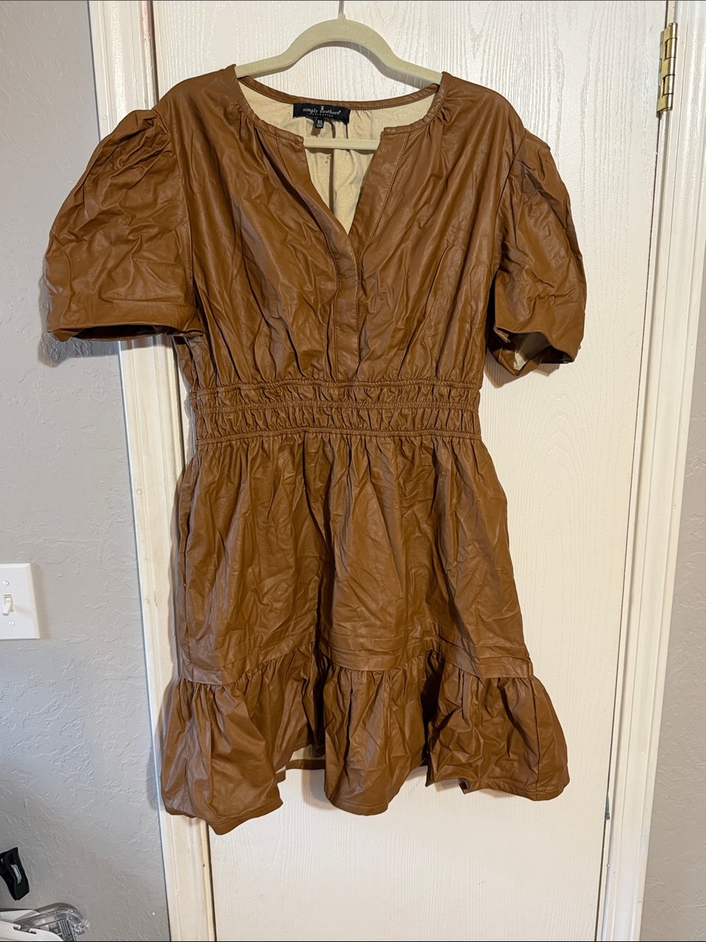 Simply Southern Brown Puff-Sleeve Tiered Midi Dress